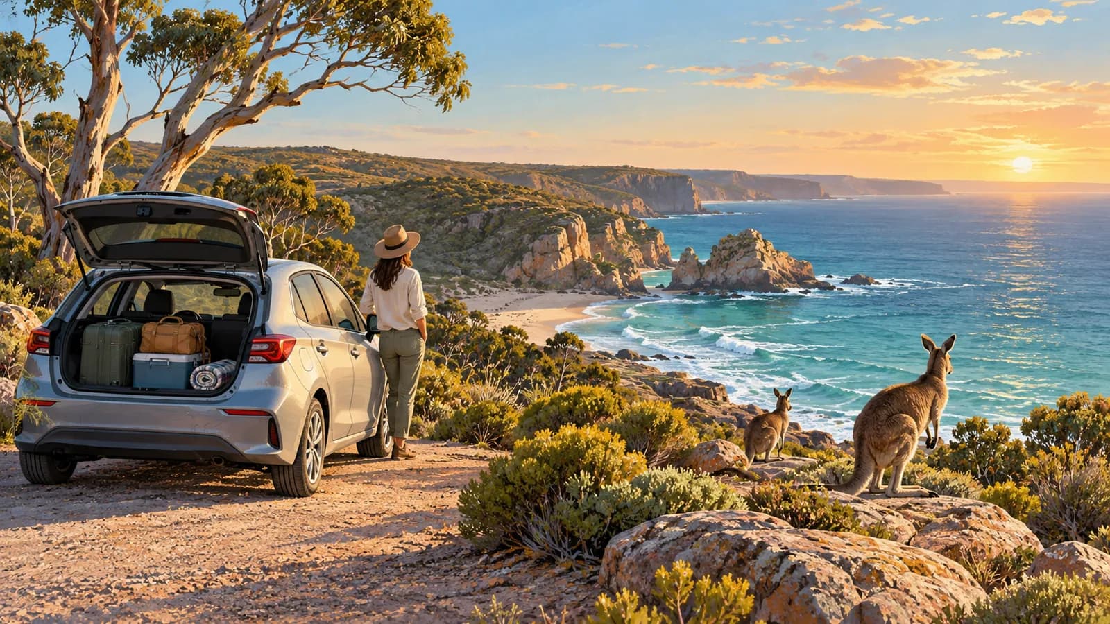 Kangaroo Island car hire illustration showing a parked car and two kangaroos beside rocky coastal water at sunset.
