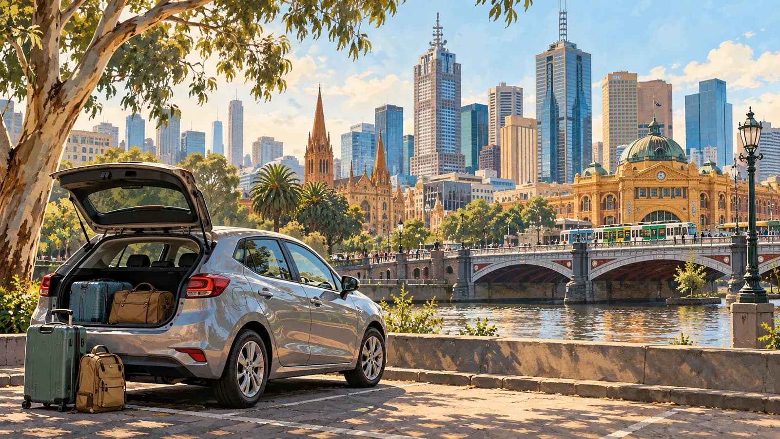 Car hire in Melbourne illustration showing a compact car and luggage beside the Yarra River, Flinders Street Station and city skyline.
