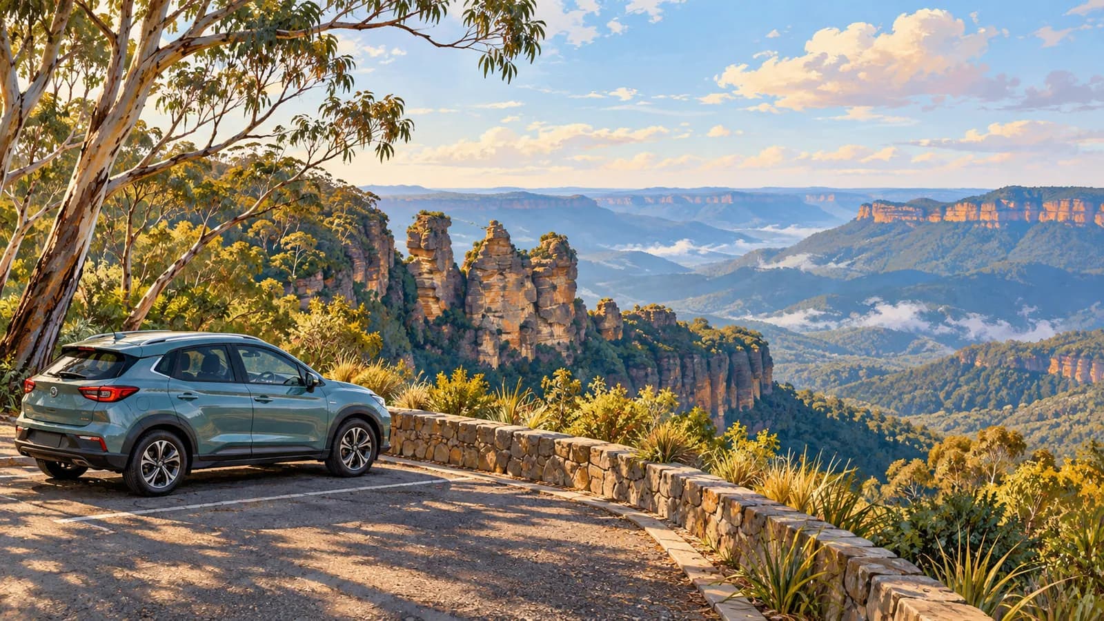 Blue Mountains by car illustration showing a parked car at a lookout facing the Three Sisters and eucalyptus-covered cliffs.