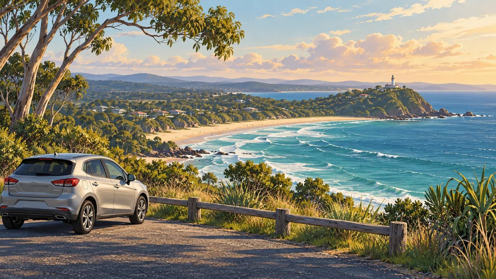 Byron Bay by car illustration showing a parked car below a coastal lighthouse and sandy bay.