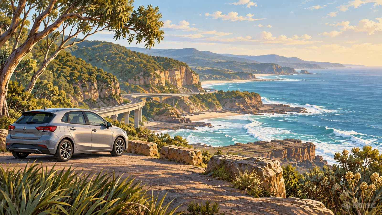 Grand Pacific Drive itinerary illustration showing a parked car beside a winding coastal road and cliffside bridge.