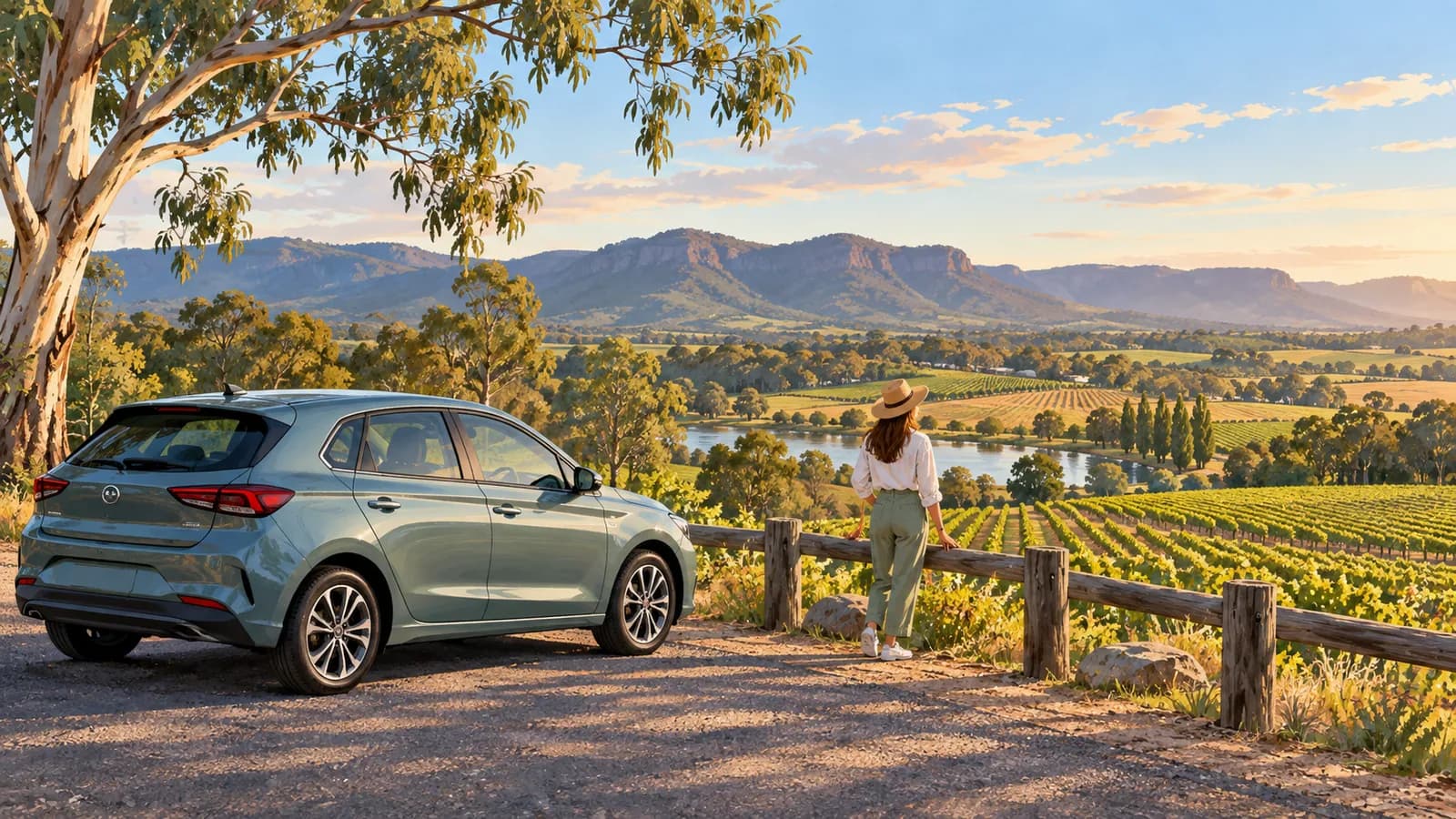 Hunter Valley by car illustration showing a traveller beside a parked car overlooking vineyards and distant hills.