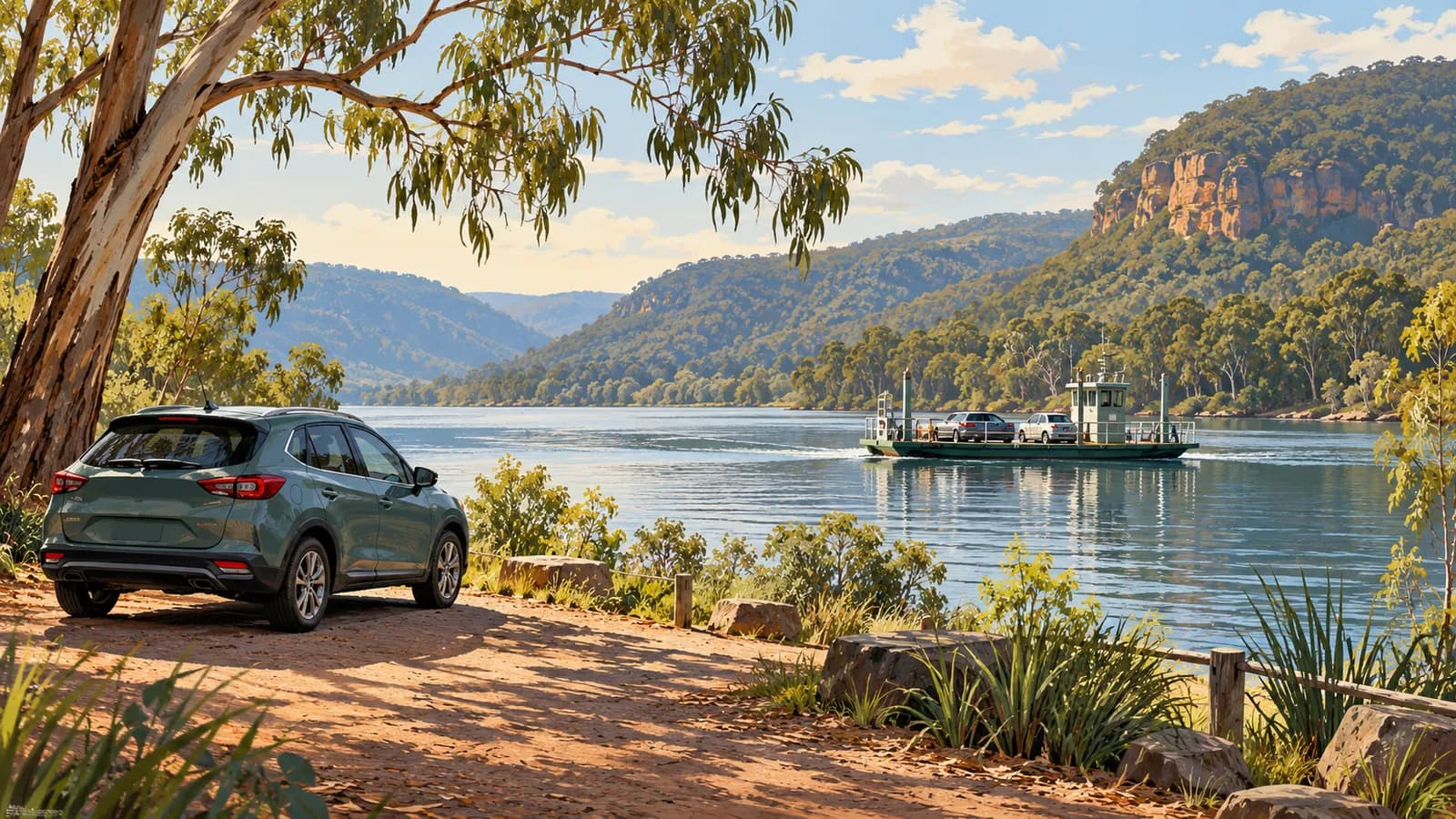 NSW car ferries and hire car illustration showing a parked car on shore and a small ferry carrying cars across a river.