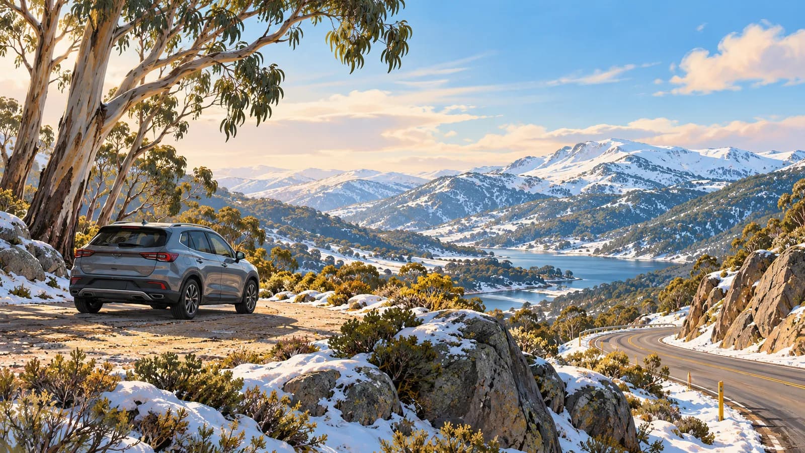 Perisher and Thredbo by car illustration showing a parked car beside a snow-covered alpine road and mountains.