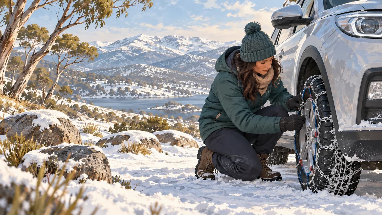 Snow chains for hire cars in New South Wales illustration showing a person fitting wheel chains on a parked car in snowy mountains.