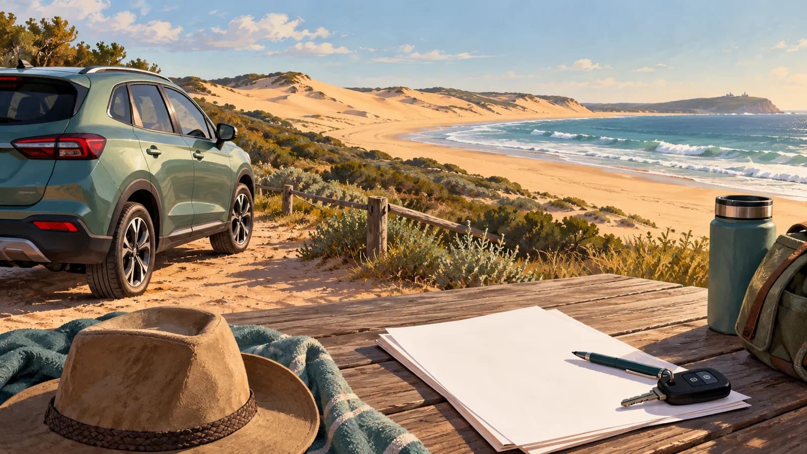 Stockton Beach car hire illustration showing a parked car near broad sand dunes, with blank trip papers and car keys.