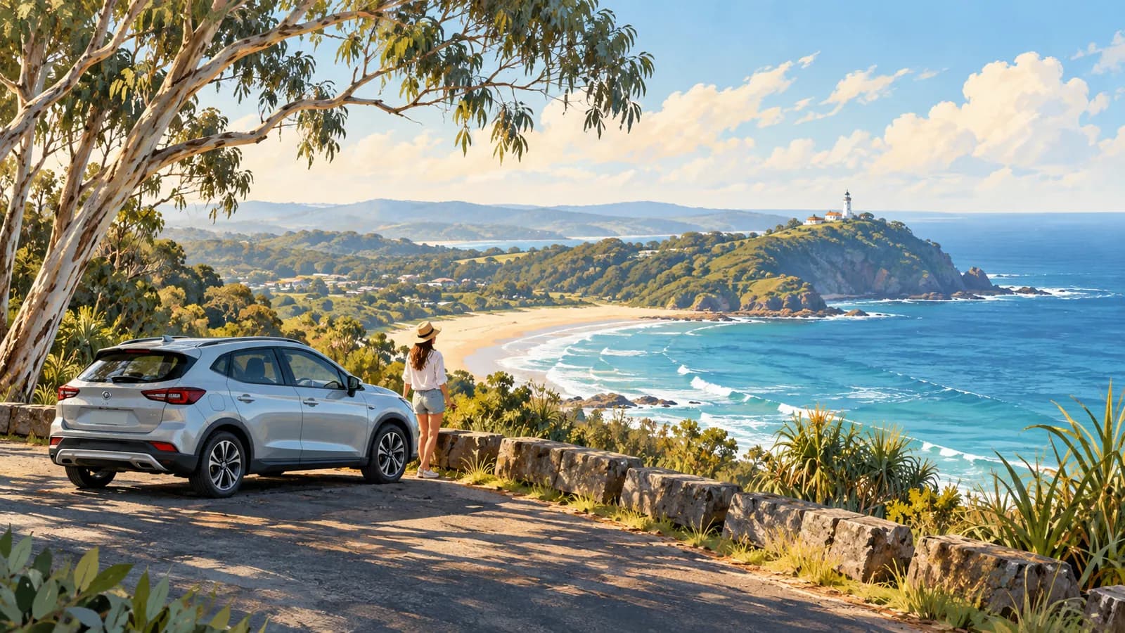 Sydney to Byron Bay drive illustration showing a parked car beside a coastal headland and lighthouse.