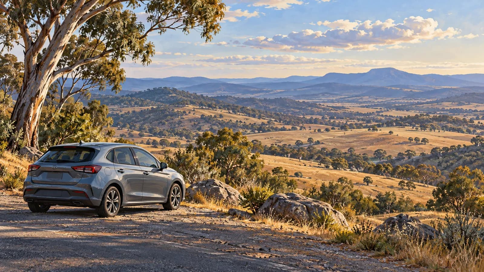 Sydney to Canberra drive illustration showing a parked car overlooking rolling inland grassland, eucalyptus and distant blue ridges.