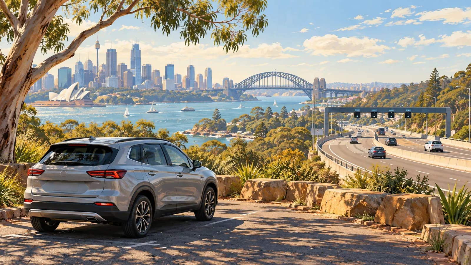 Sydney tolls in a hire car illustration showing a parked car overlooking a city highway with a toll gantry.