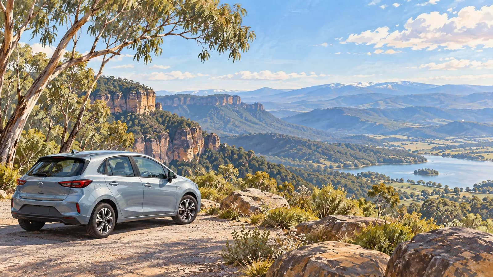 NSW and ACT car hire illustration showing a compact car parked below sandstone cliffs and a mountain valley.
