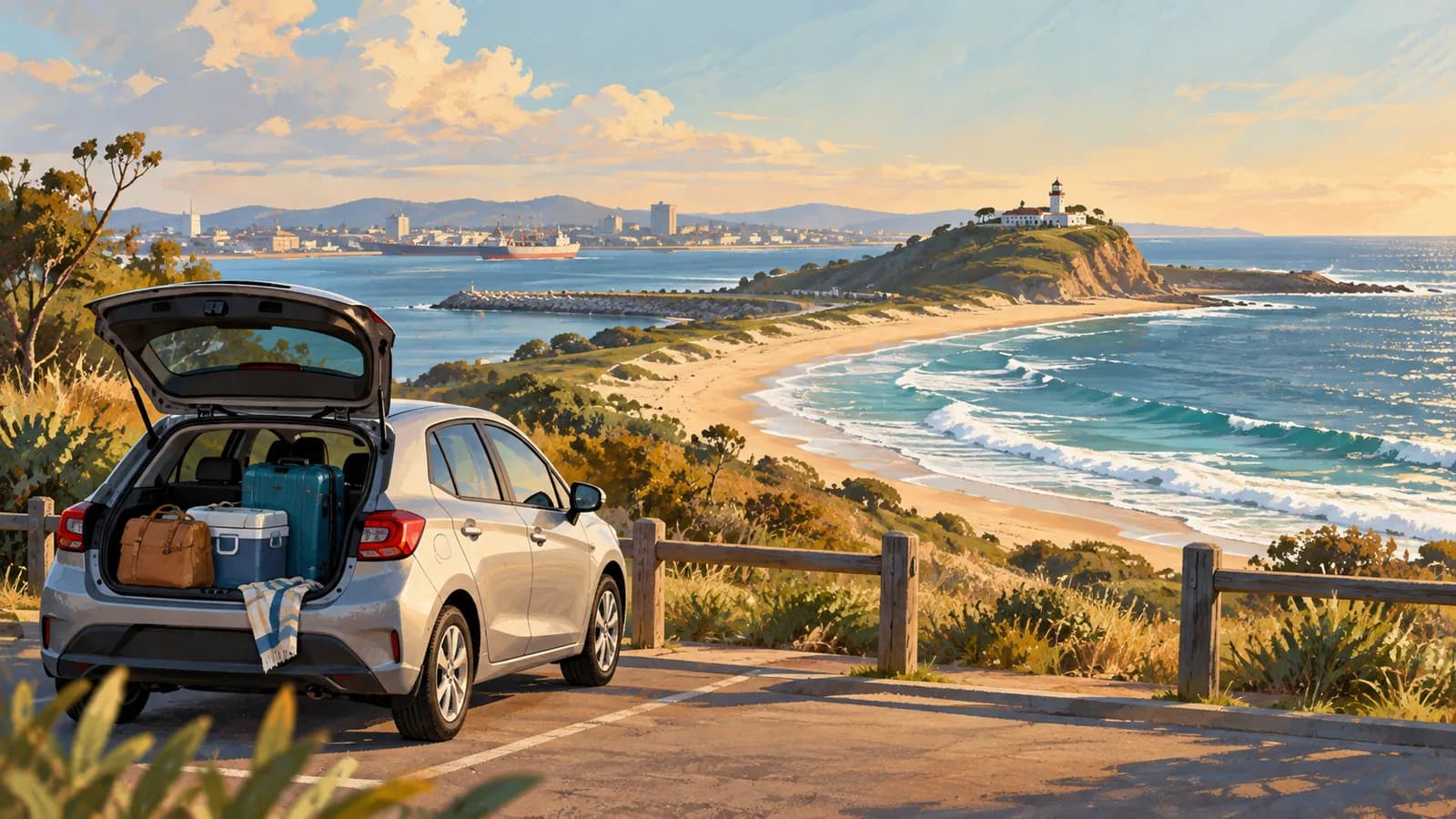 Newcastle Airport car hire illustration showing a parked car at a seaside lookout with a lighthouse and harbour in the distance.