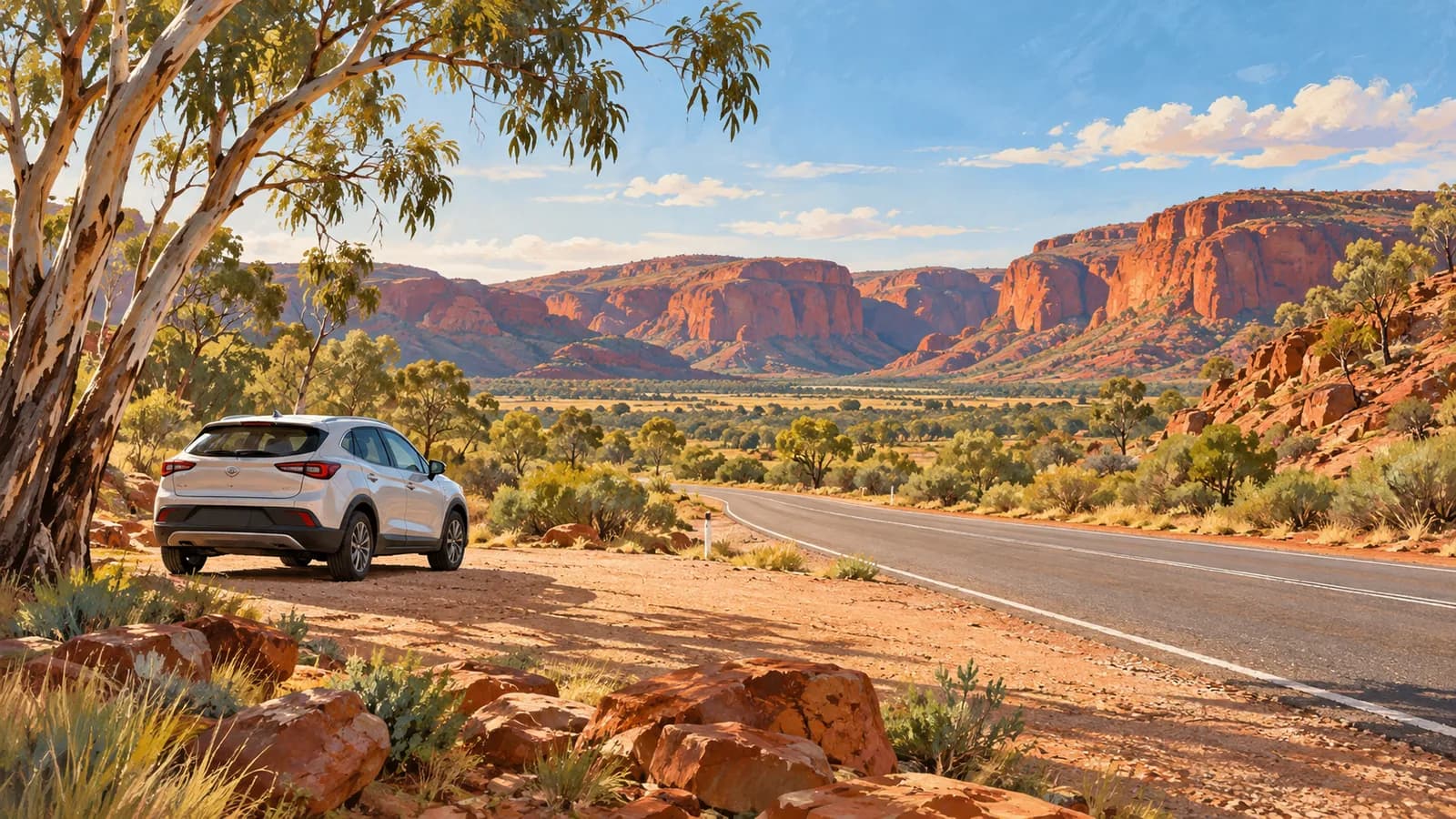 Alice Springs to Kings Canyon sealed road illustration showing a parked car below red sandstone cliffs and a broad valley.