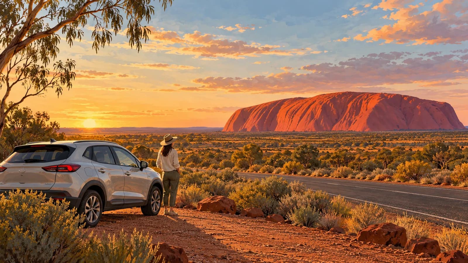 Alice Springs to Uluru drive illustration showing a parked car and traveller beside a red desert road with Uluru in the distance.