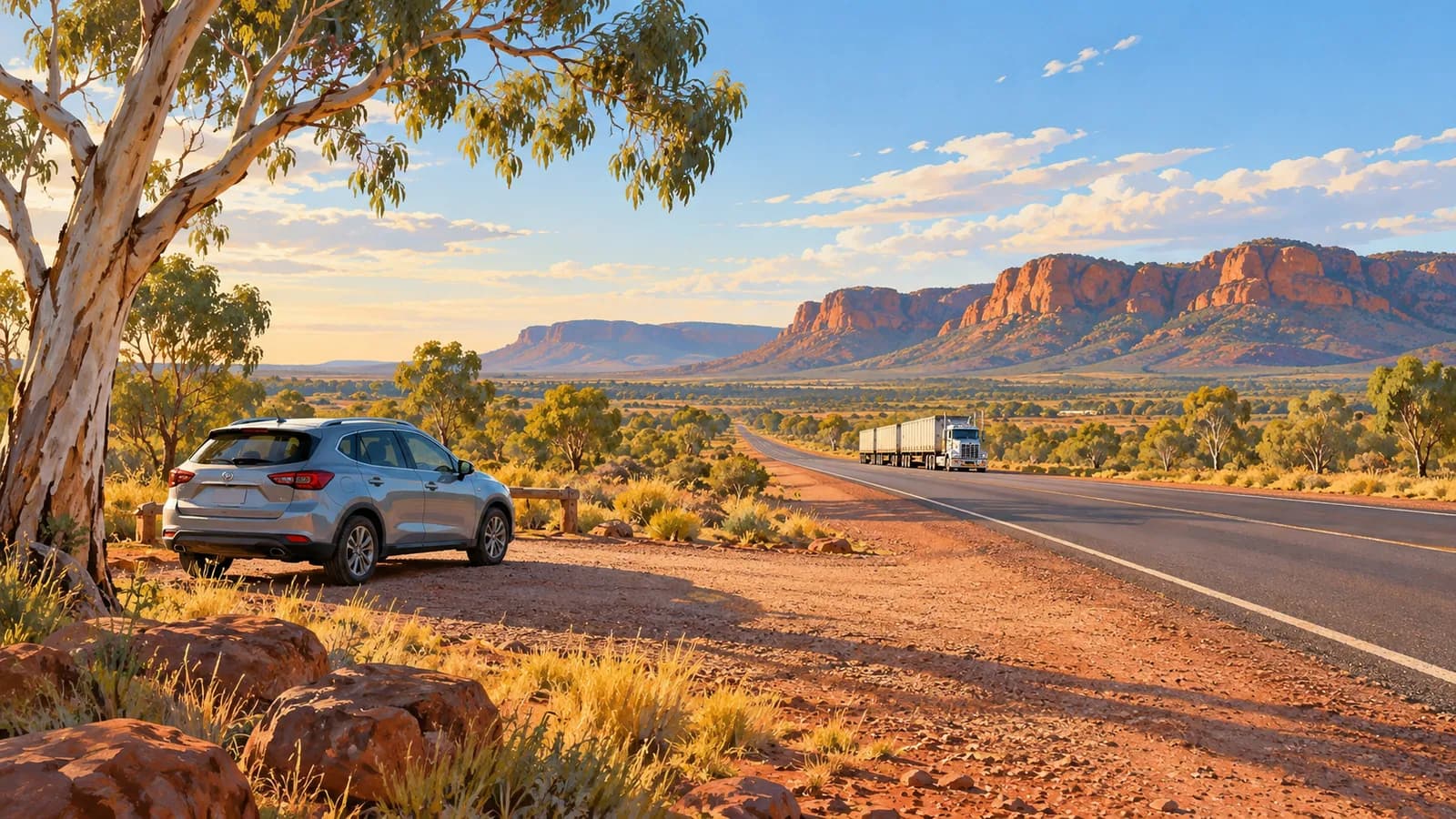 Darwin to Alice Springs drive illustration showing a parked car beside an outback road, red ridges and a distant truck.