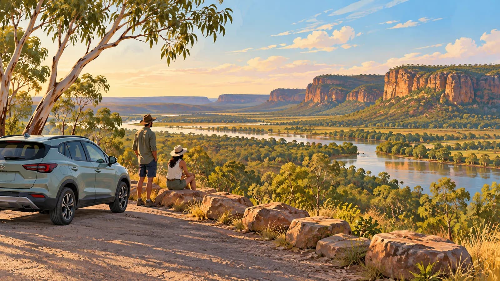 Darwin to Kakadu drive illustration showing a parked car and travellers beside a broad wetland below a rocky escarpment.