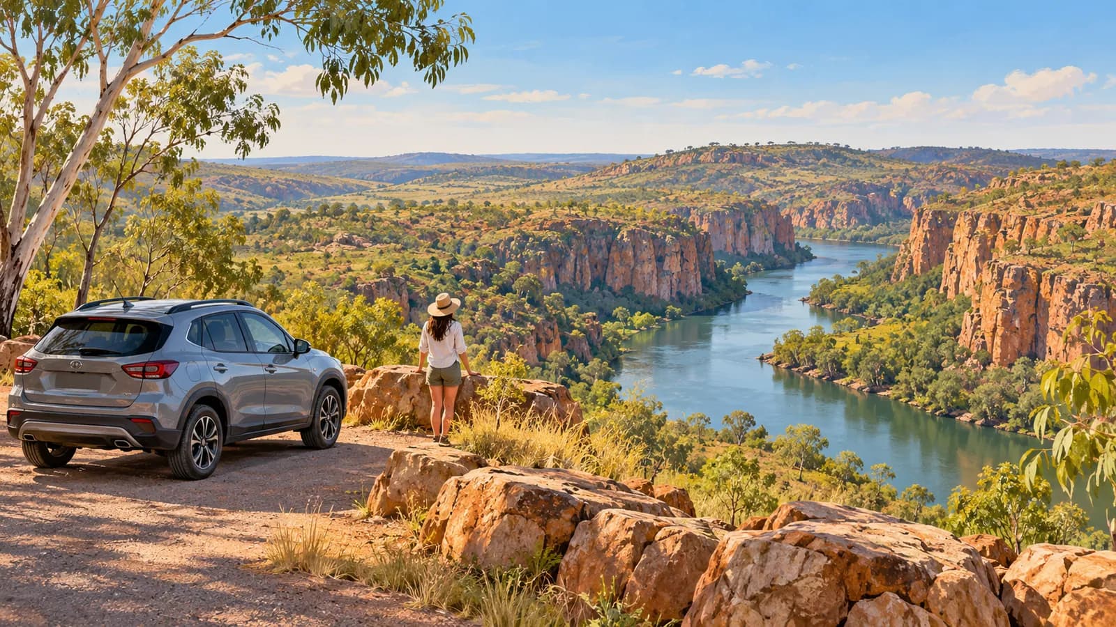 Darwin to Katherine drive illustration showing a parked car and traveller above a river winding through a red sandstone gorge.