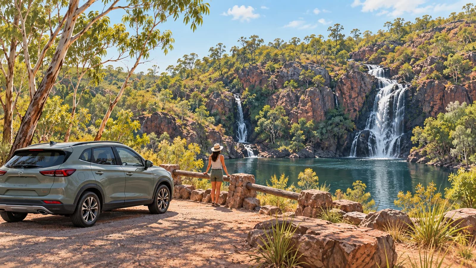 Darwin to Litchfield drive illustration showing a parked car beside a rocky waterfall and forest pool.
