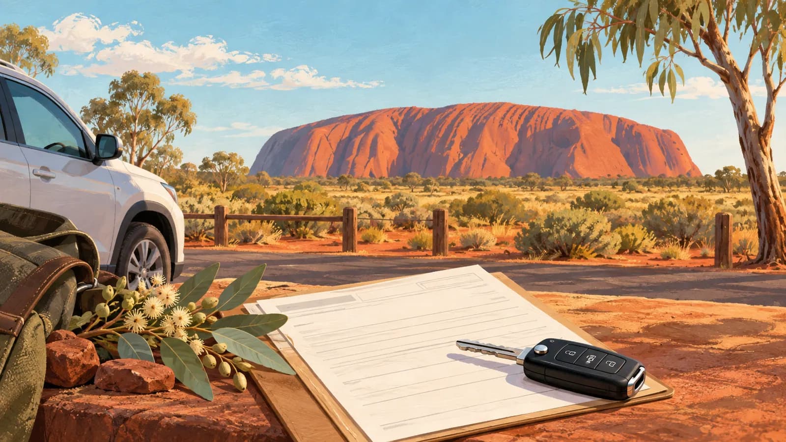 Driving at Uluṟu and park passes illustration showing blank entry paperwork and a car key before the red rock monolith.