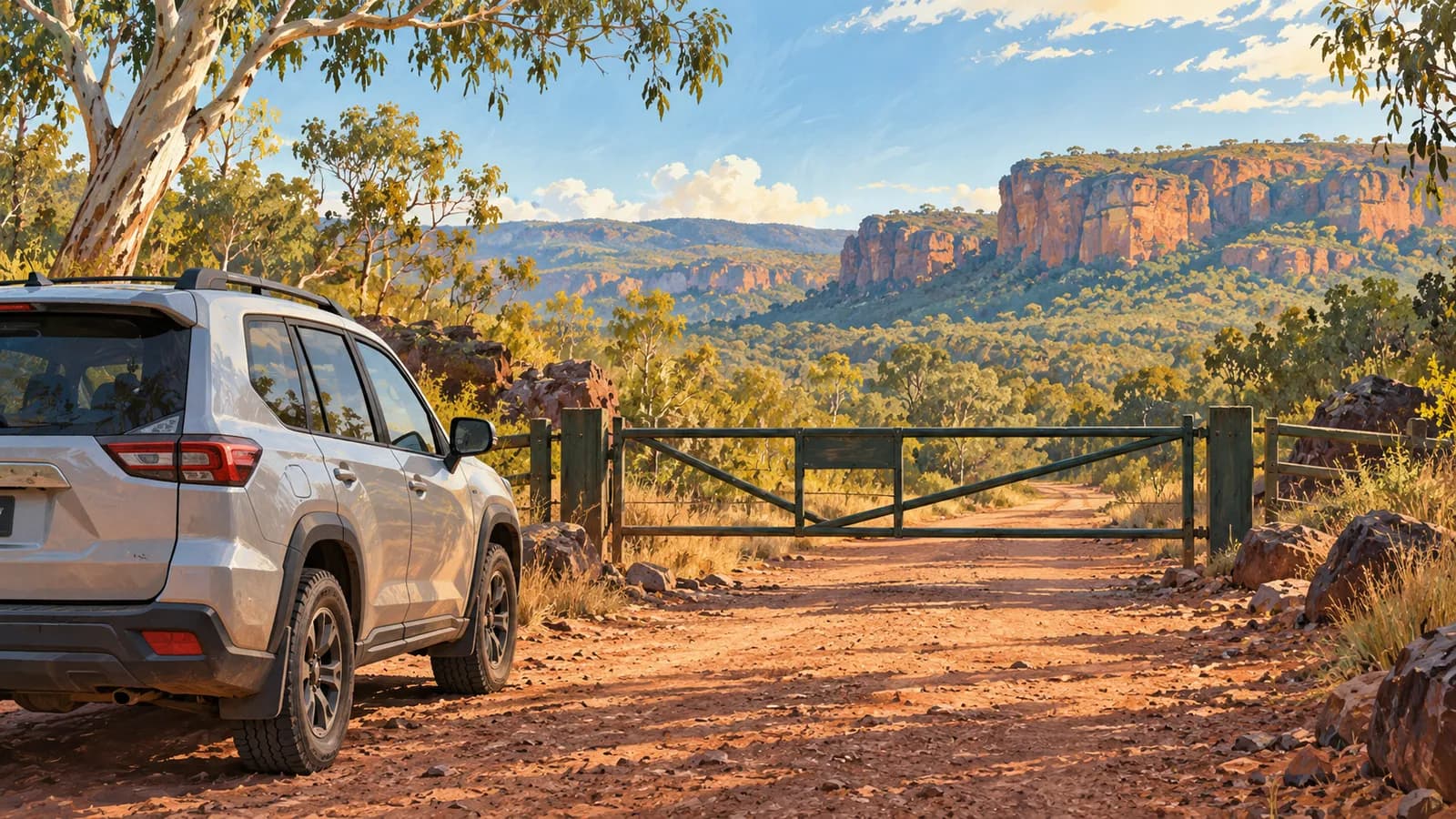 Jim Jim Falls road status and hire car access illustration showing a car parked before a closed gate on a red dirt road among woodland and cliffs.