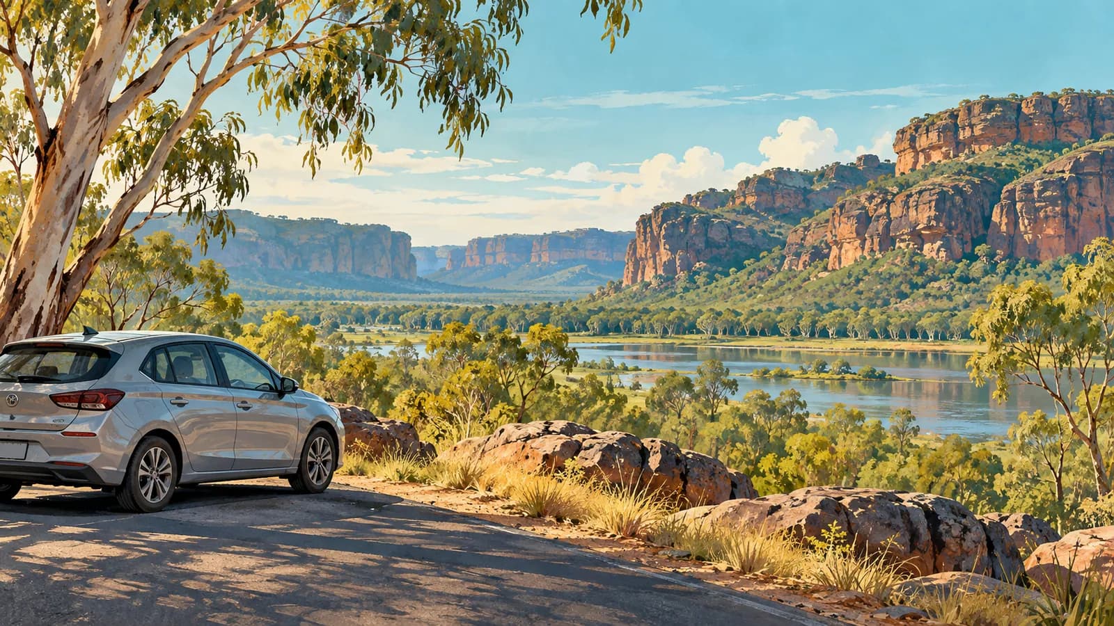Kakadu without a 4WD illustration showing a parked conventional car beside a broad river and rocky escarpment.