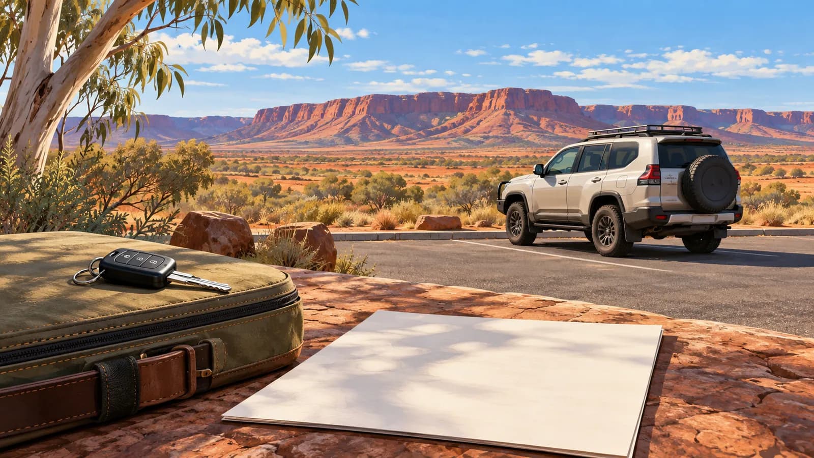 Mereenie Loop permit and hire cars illustration showing a blank permit sheet and key beside a 4WD parked on a paved roadside.