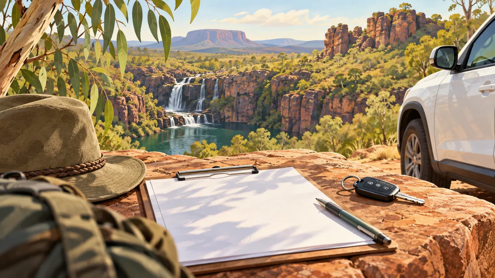 NT park passes for a road trip illustration showing blank entry paperwork, a car key and a waterfall in rocky parkland.