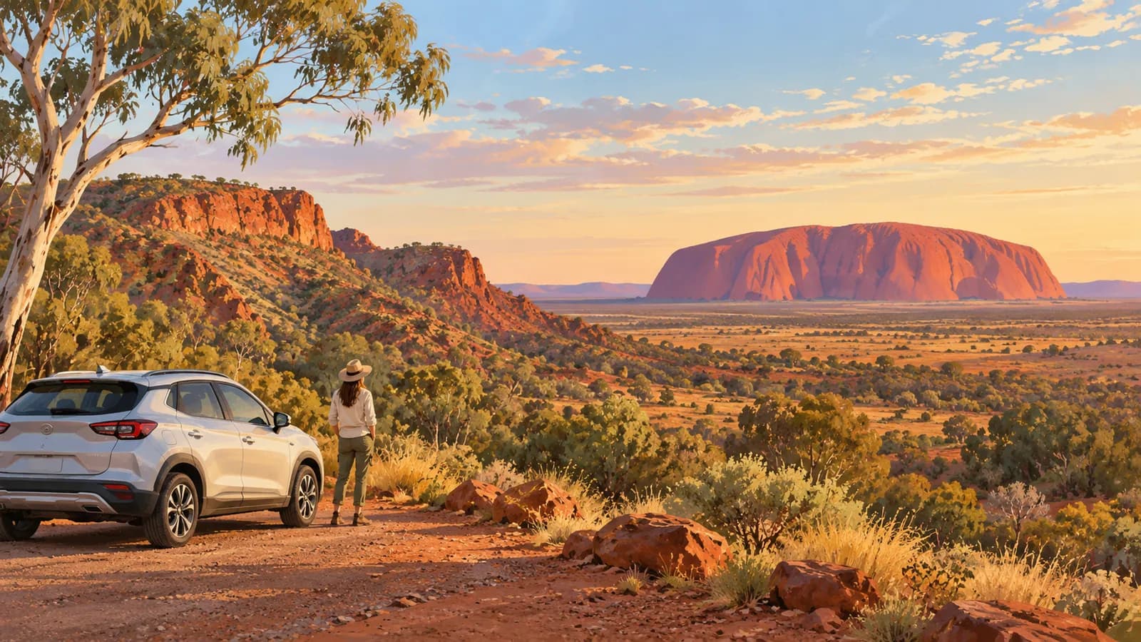 Red Centre Way itinerary illustration showing a parked car and traveller facing a large red sandstone monolith.