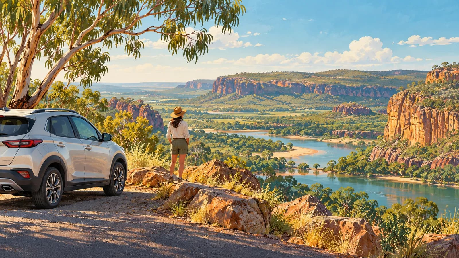 Top End self-drive itinerary illustration showing a parked car and traveller beside a wetland and rocky escarpment.