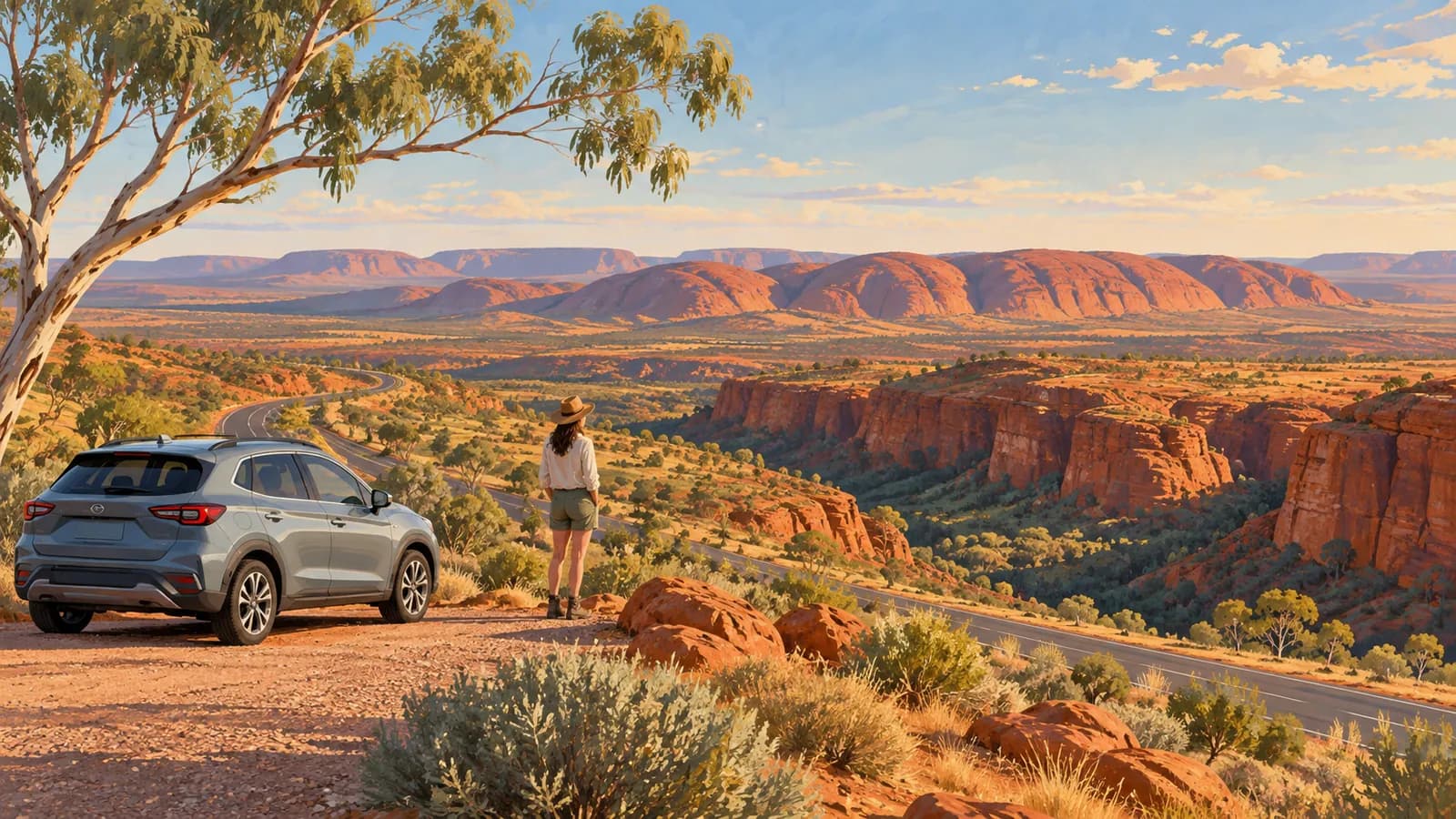 Uluru to Kings Canyon drive illustration showing a parked car and traveller beside an outback road with red sandstone ranges.