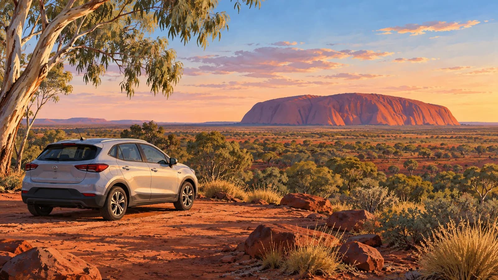 Car hire in the Northern Territory illustration showing a compact car parked on red desert ground with Uluru in the distance.