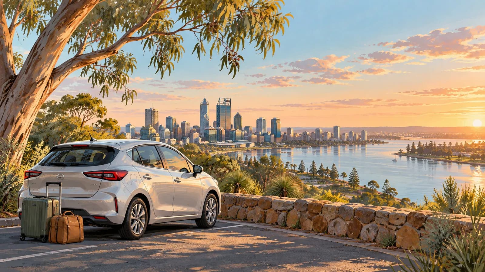 Perth Airport car hire illustration showing a parked car and luggage above a city waterfront.