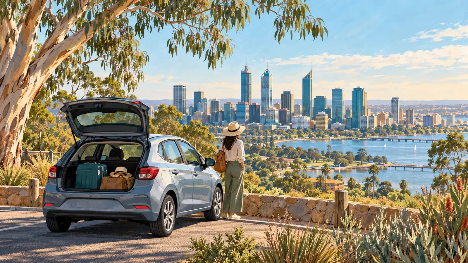 Car hire in Perth illustration showing a traveller beside a luggage-filled car overlooking the Swan River and skyline.