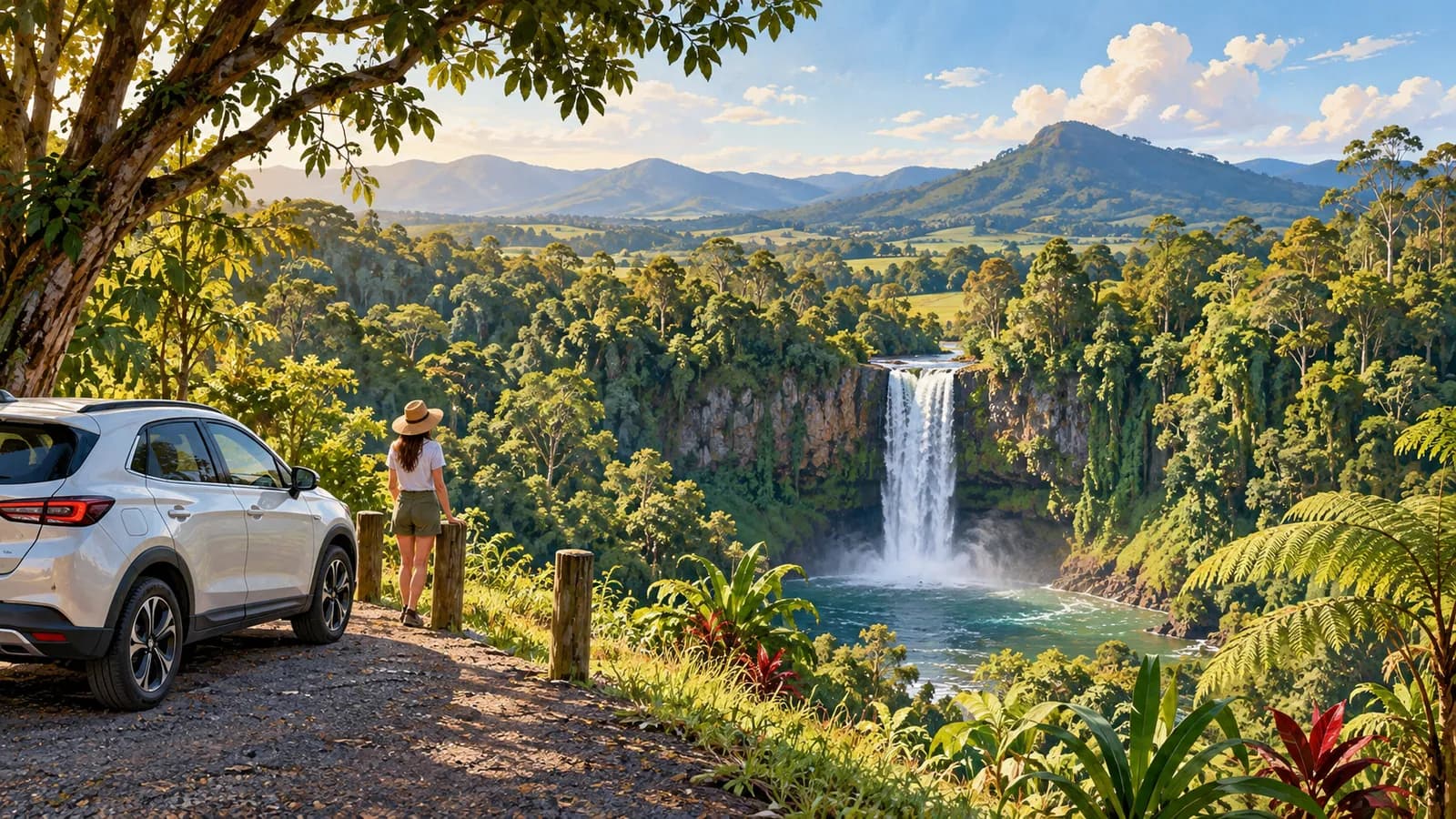 Atherton Tablelands self drive from Cairns illustration showing a parked car beside a rainforest waterfall and green hills.