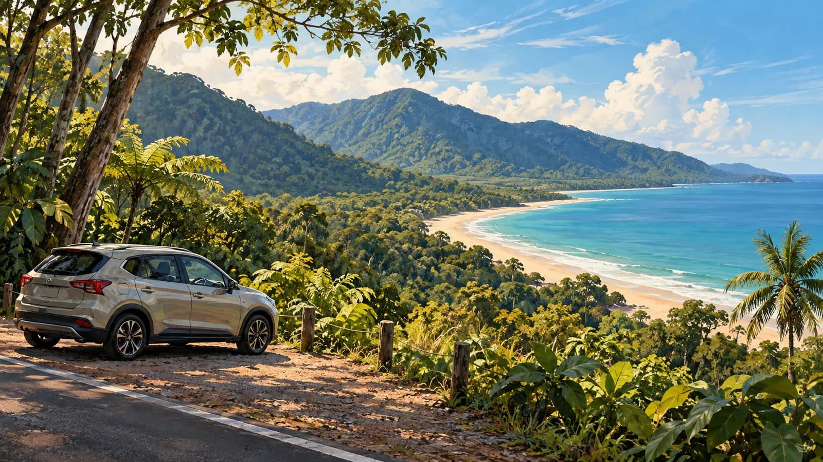 Cairns to Cape Tribulation drive illustration showing a parked car beside a tropical beach and green mountain slopes.