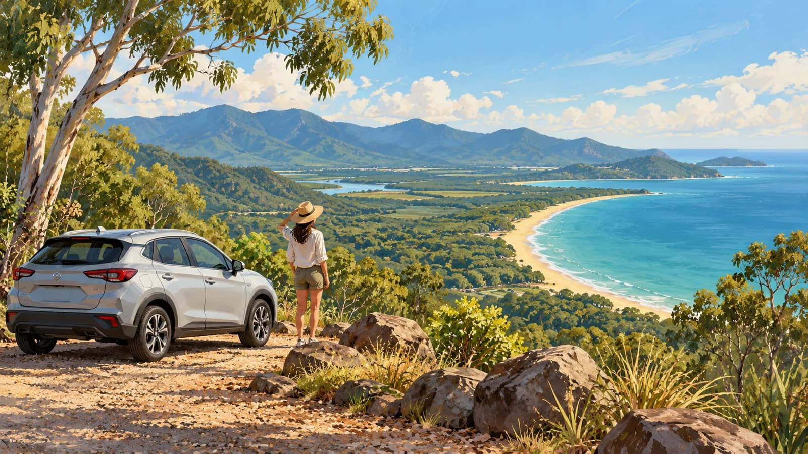 Cairns to Cooktown via the Bloomfield Track illustration showing a parked car overlooking a tropical headland, blue water and forested ranges.