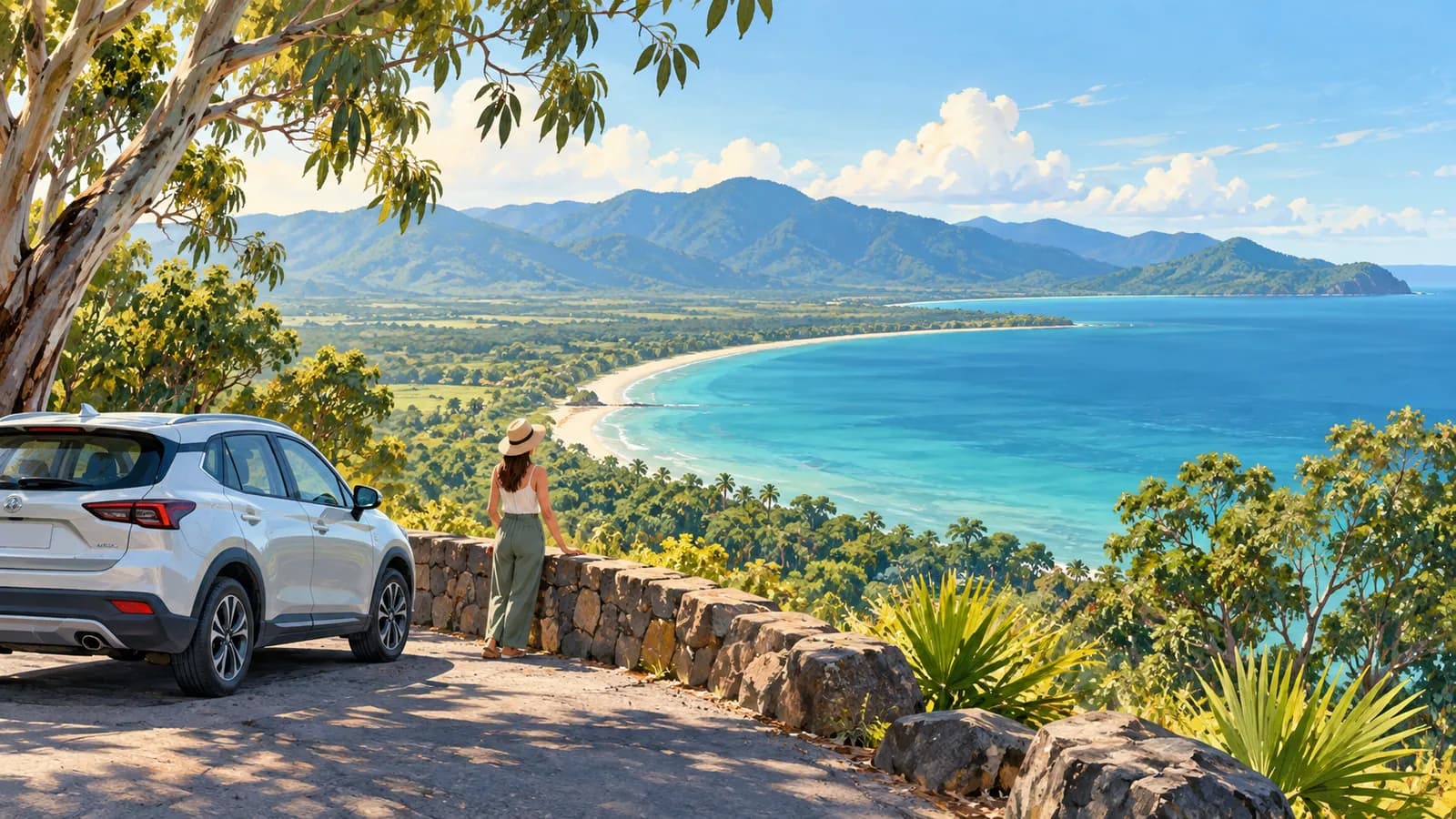 Cairns to Port Douglas drive illustration showing a parked car above a tropical bay backed by forested mountains.