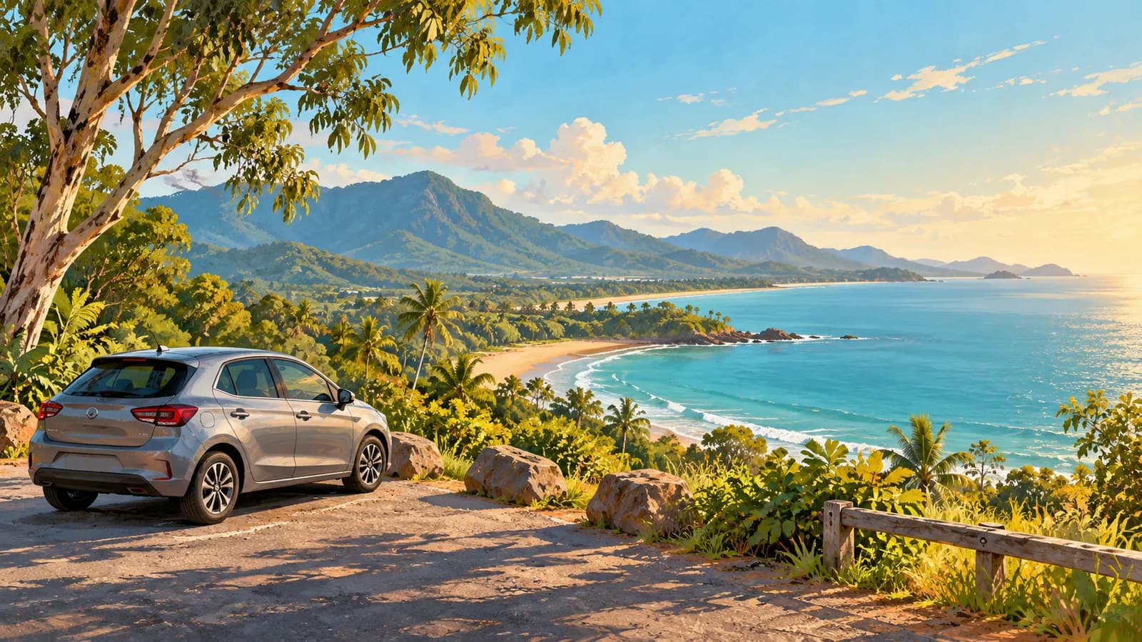 Cairns to Townsville drive illustration showing a parked car overlooking tropical water and forested hills.