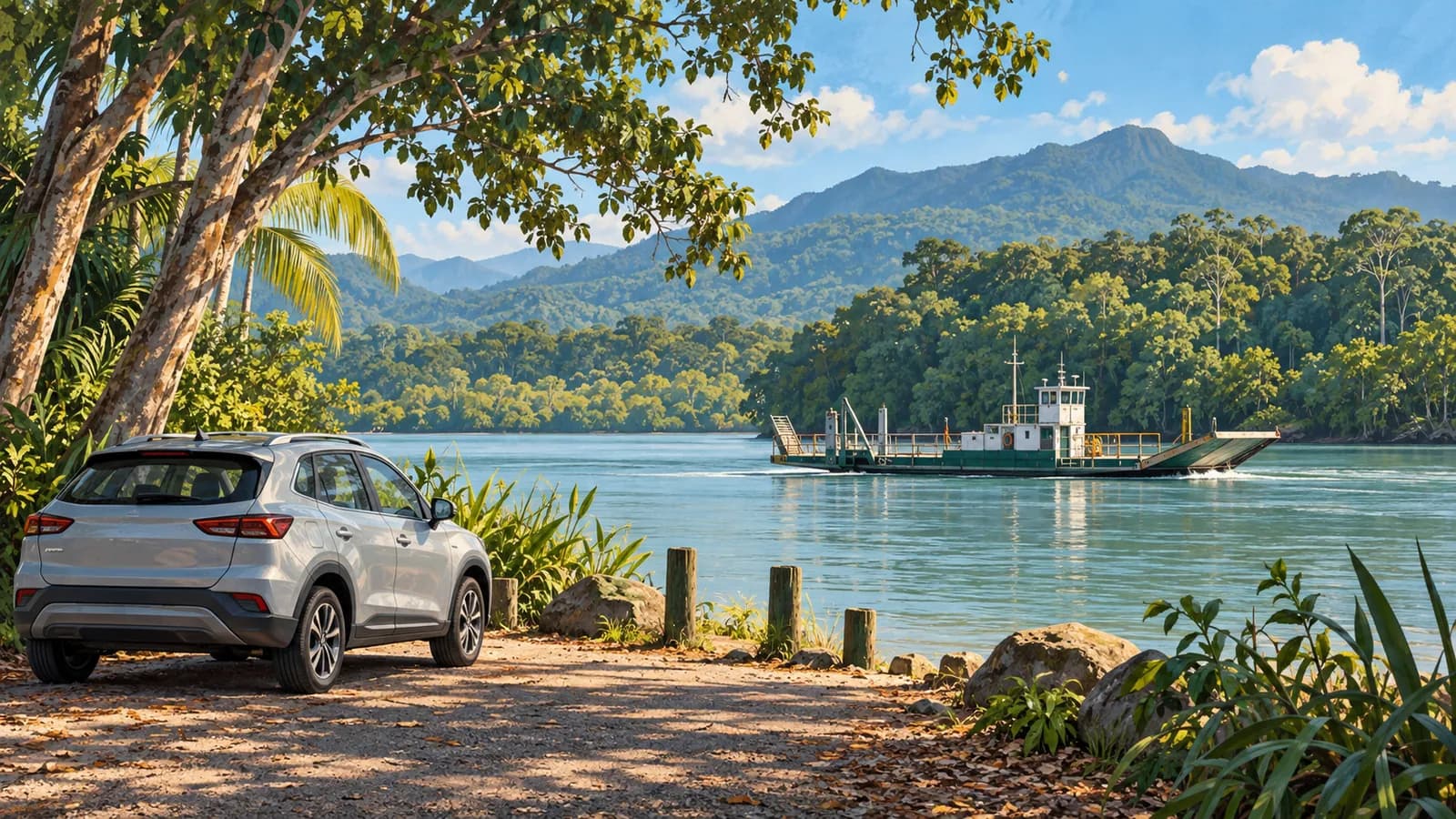 Daintree Ferry hire car illustration showing a car by the riverbank and a ferry carrying vehicles across a tropical river.