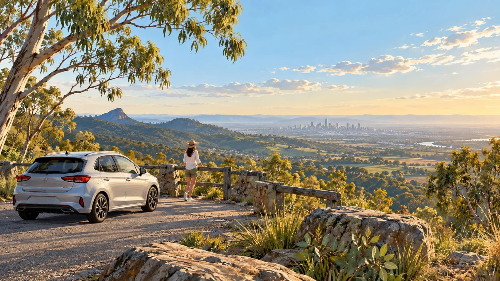 Day trips from Brisbane by car illustration showing a parked car at a lookout over green hills and a distant skyline.