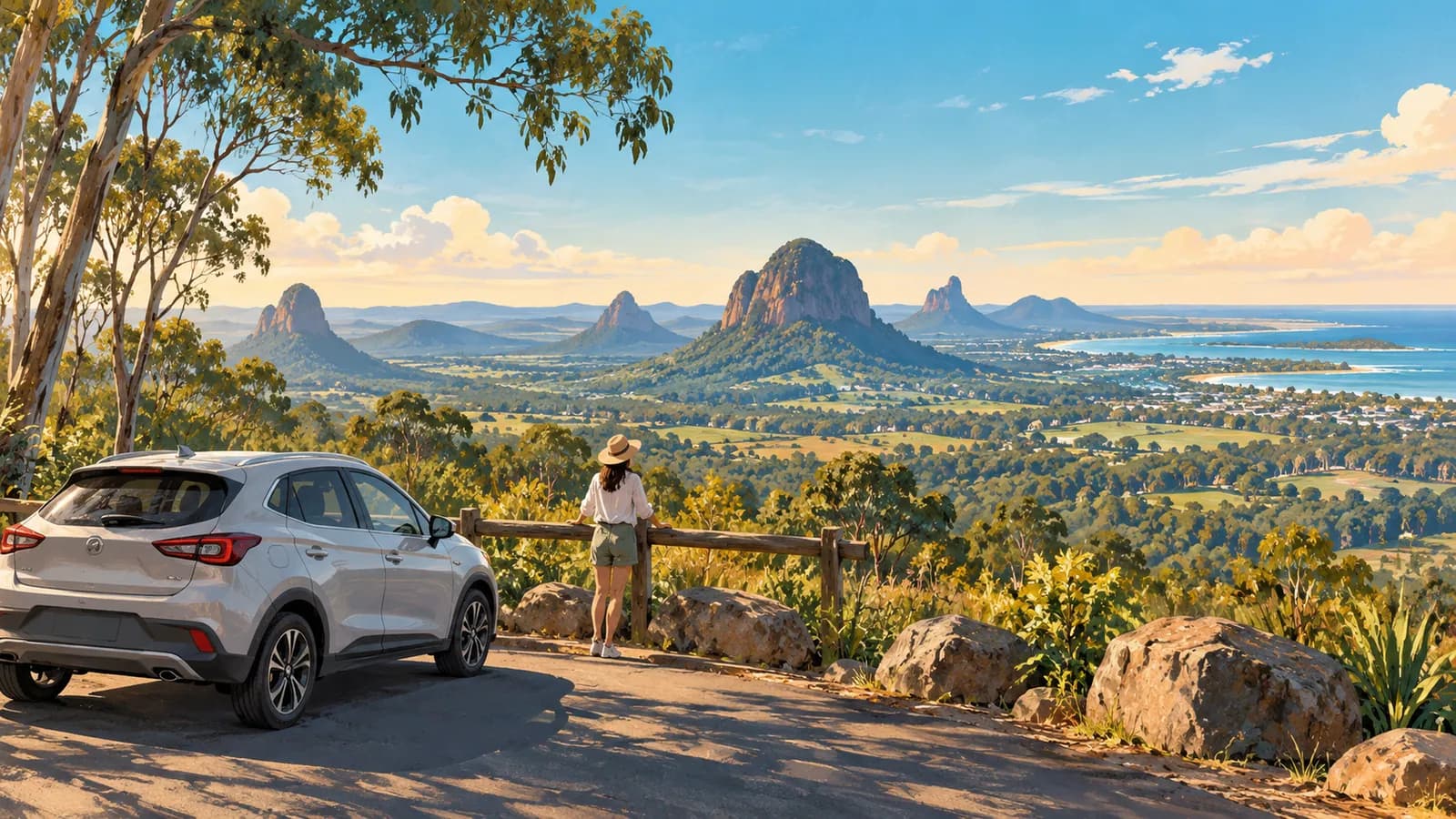 Glass House Mountains hinterland drive illustration showing a parked car and traveller facing the peaks.