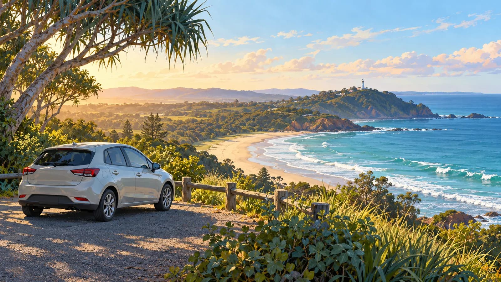 Gold Coast Airport to Byron Bay drive illustration showing a parked car at a coastal lookout above a sandy beach and headland lighthouse.