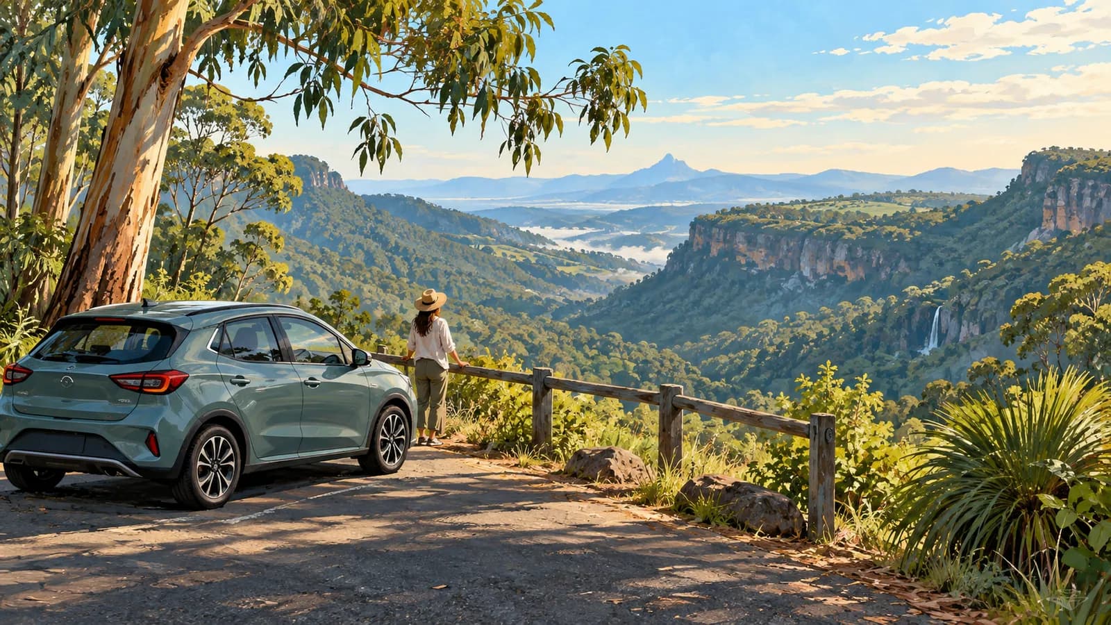 Gold Coast hinterland drive illustration showing a parked car at a lookout over a forested valley and distant waterfall.