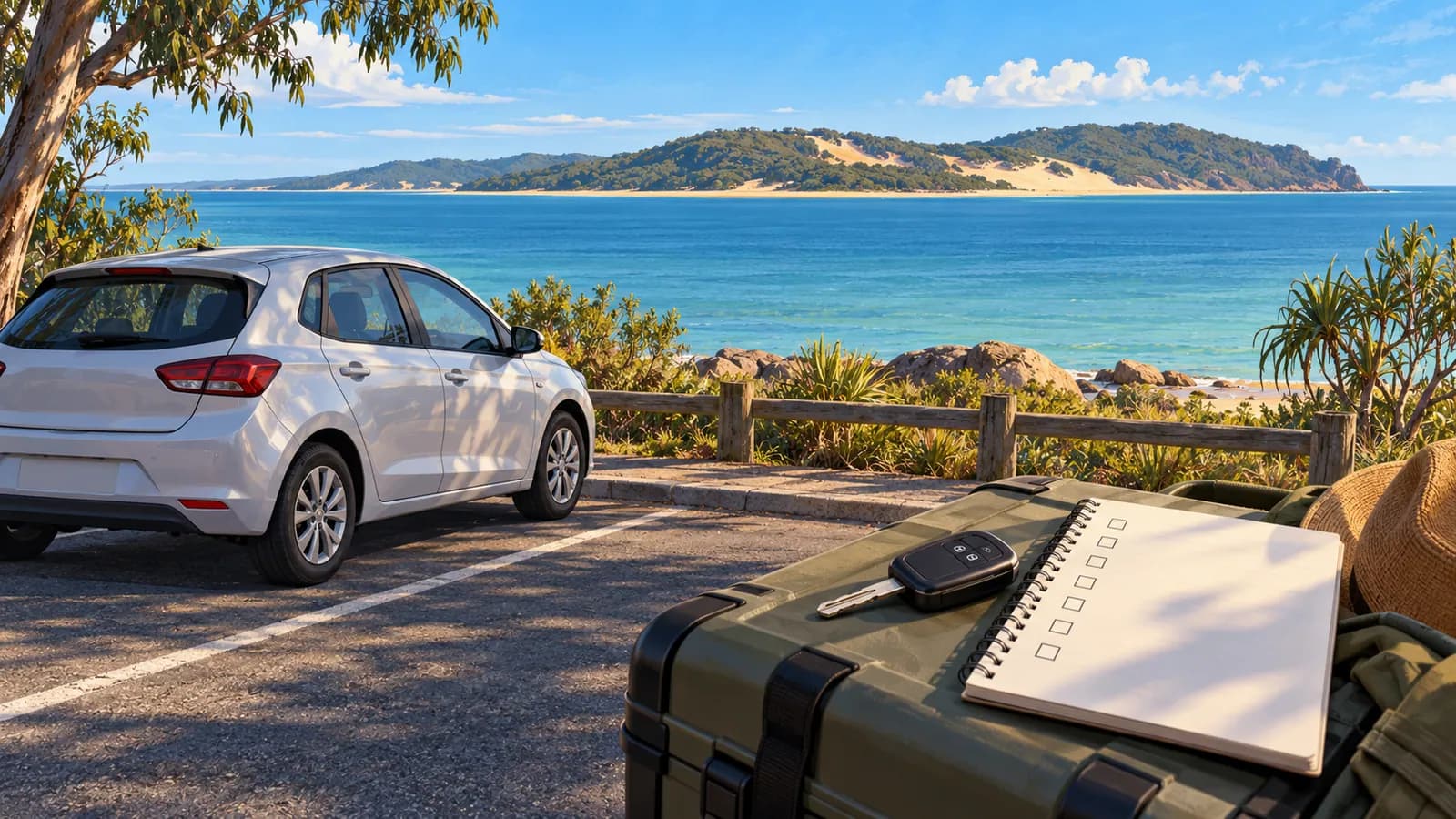 K'gari (Fraser Island) hire car and 4WD rules illustration showing a car parked on the mainland, with a blank checklist and the island across water.