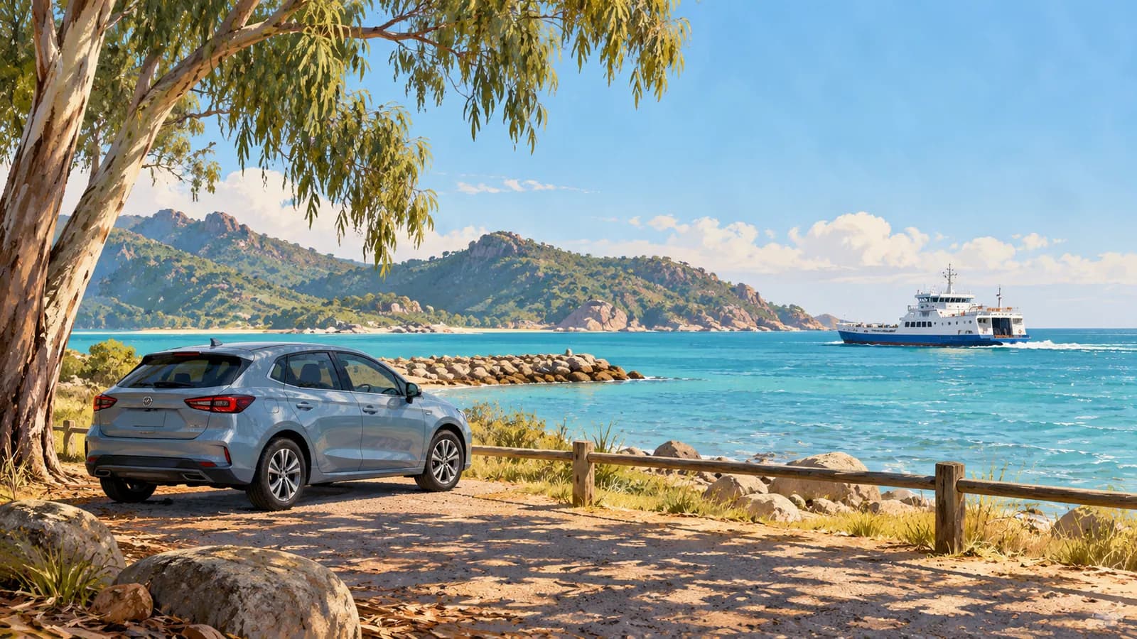 Magnetic Island car ferry illustration showing a car parked beside a vehicle ferry crossing turquoise water near a wooded island.