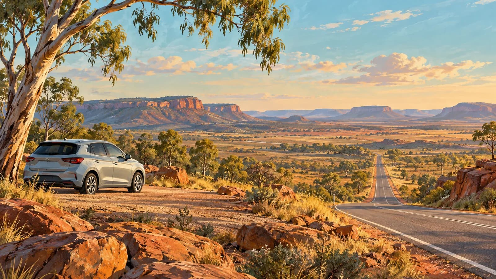 Outback Queensland road trip illustration showing a parked car beside a straight road, red ridges and open scrubland.