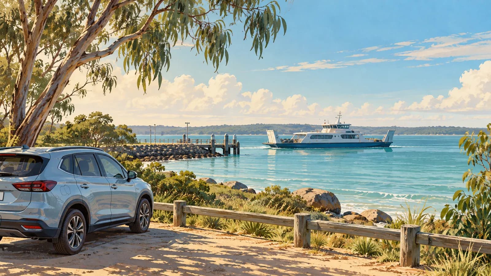 Stradbroke and Moreton Island car ferry with a hire car illustration showing a parked car on shore beside a ferry offshore.