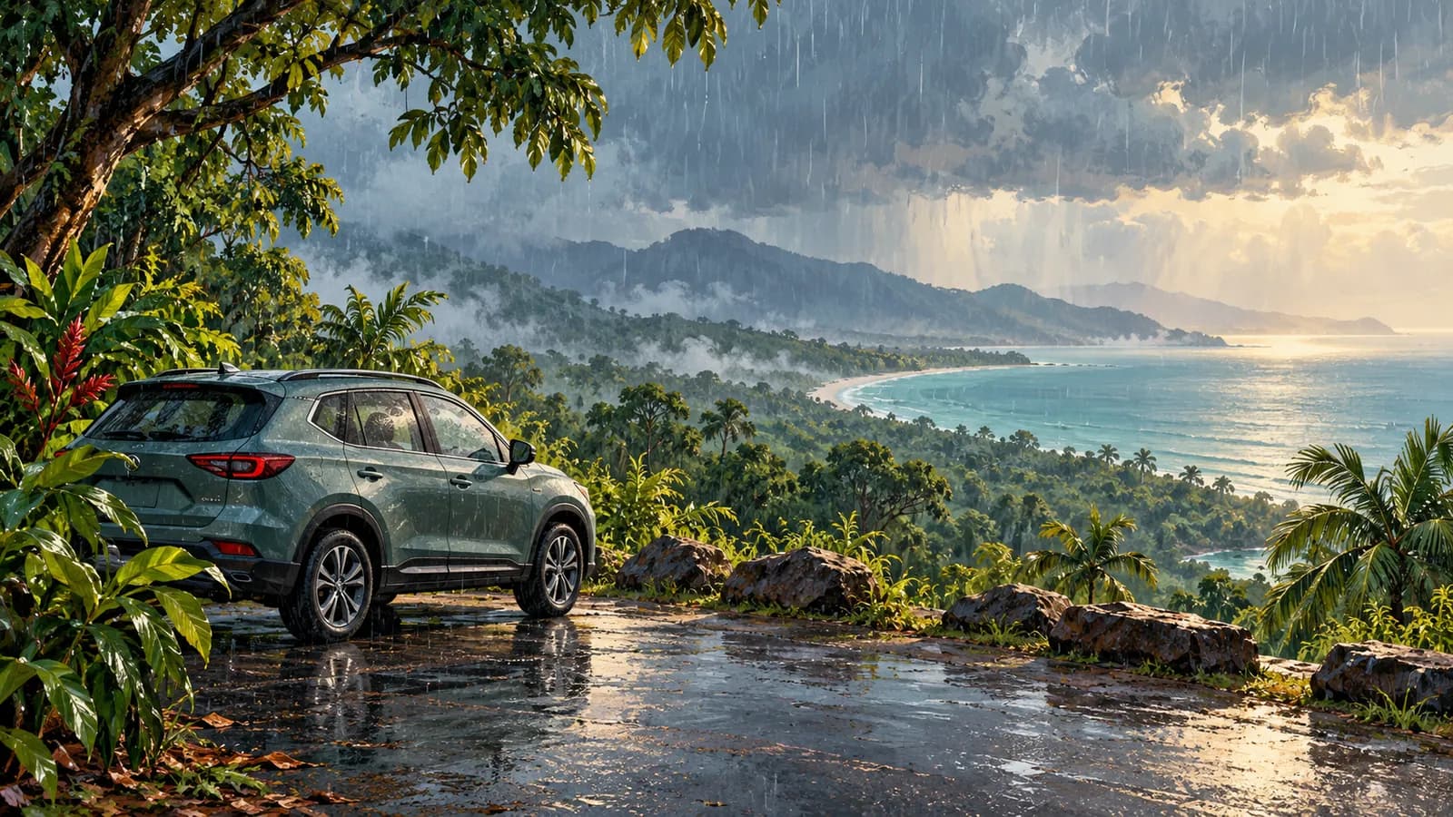 Wet season driving in Queensland illustration showing a parked car beside a rain-soaked road beneath tropical trees.
