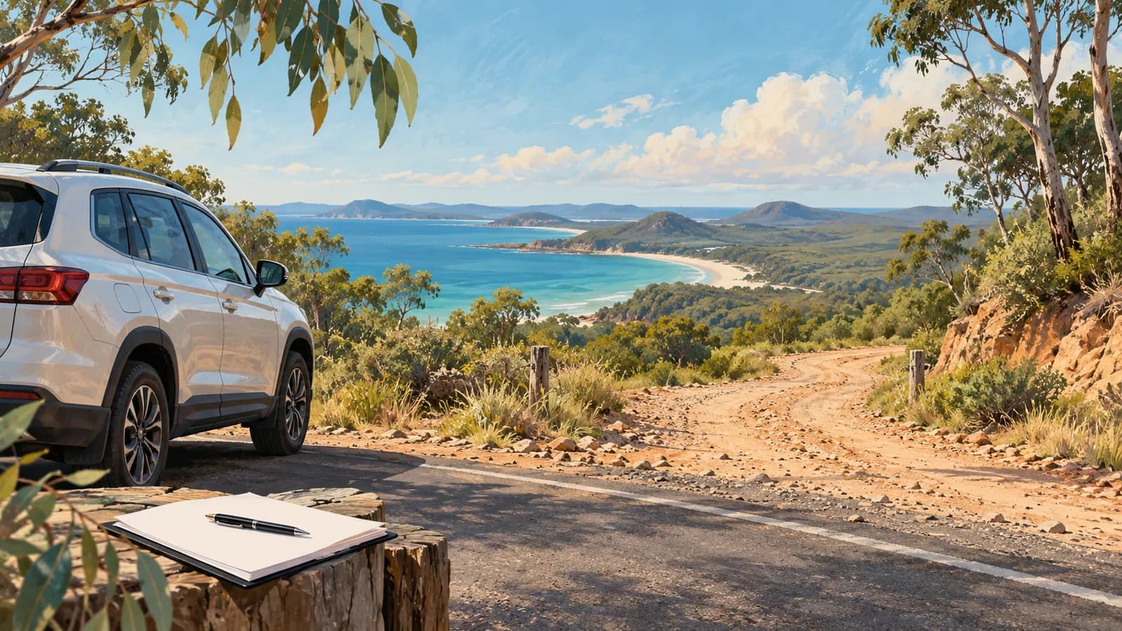 Where hire cars cannot go in Queensland illustration showing a parked car, blank rental paperwork and an unsealed track beside a sealed road.