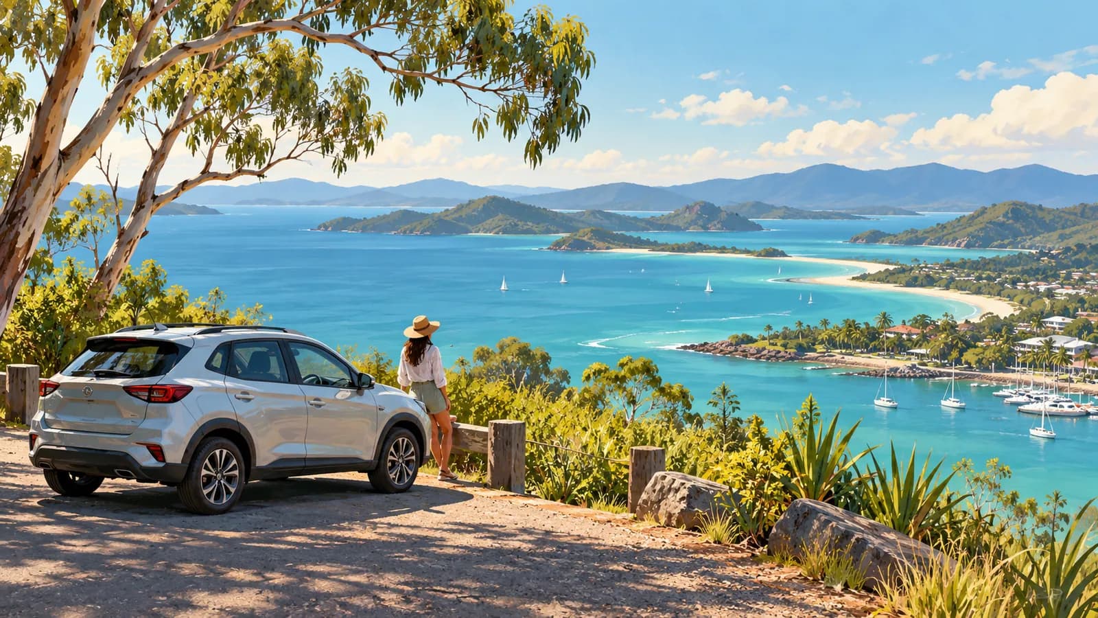 Airlie Beach and the Whitsundays by car illustration showing a parked car overlooking a turquoise bay and islands.