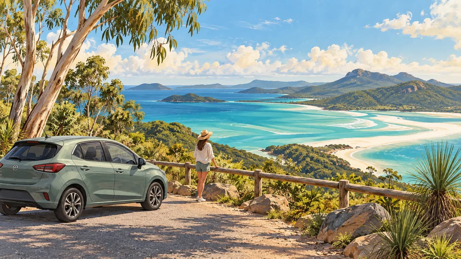 Car hire in Queensland illustration showing a parked car beside a turquoise bay and green headlands.